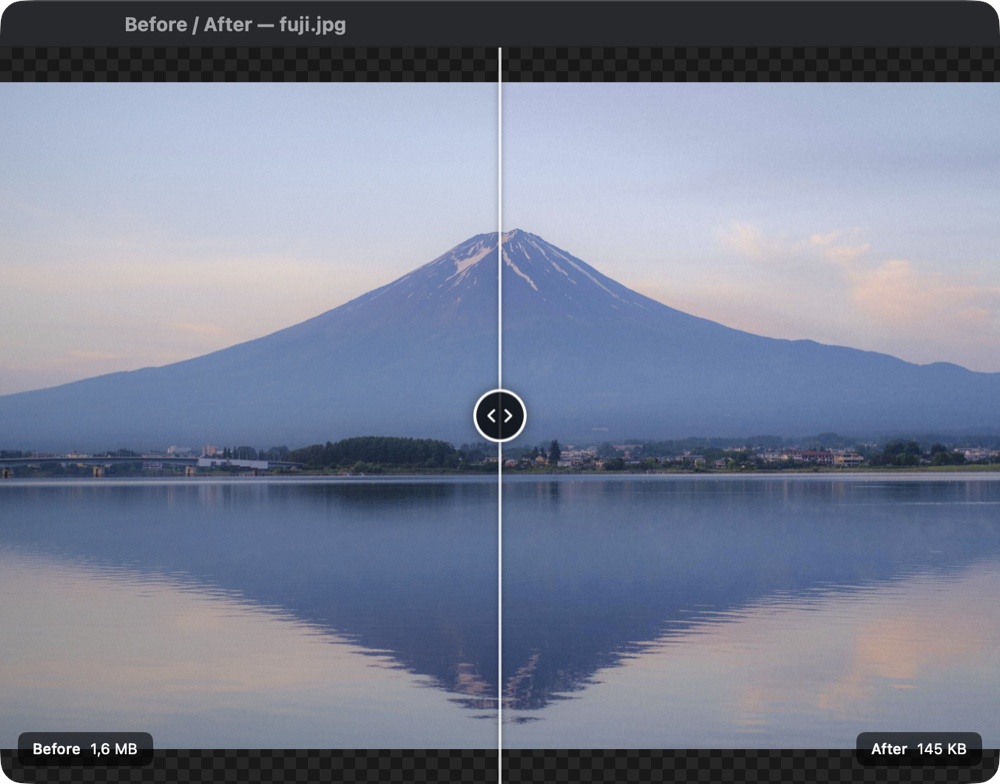 Before/after slider comparing the original 1.6 MB photo with the 145 KB compressed version