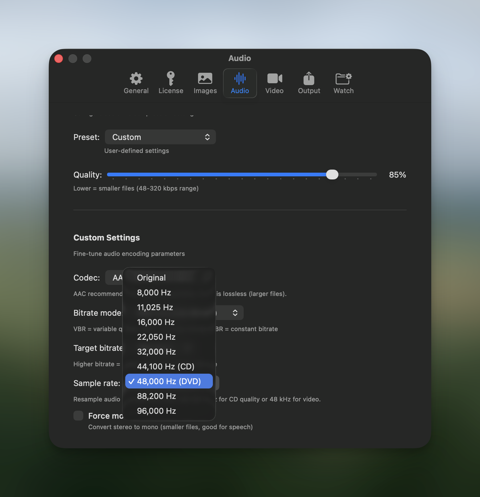 Sample rate setting in Audio Custom preset
