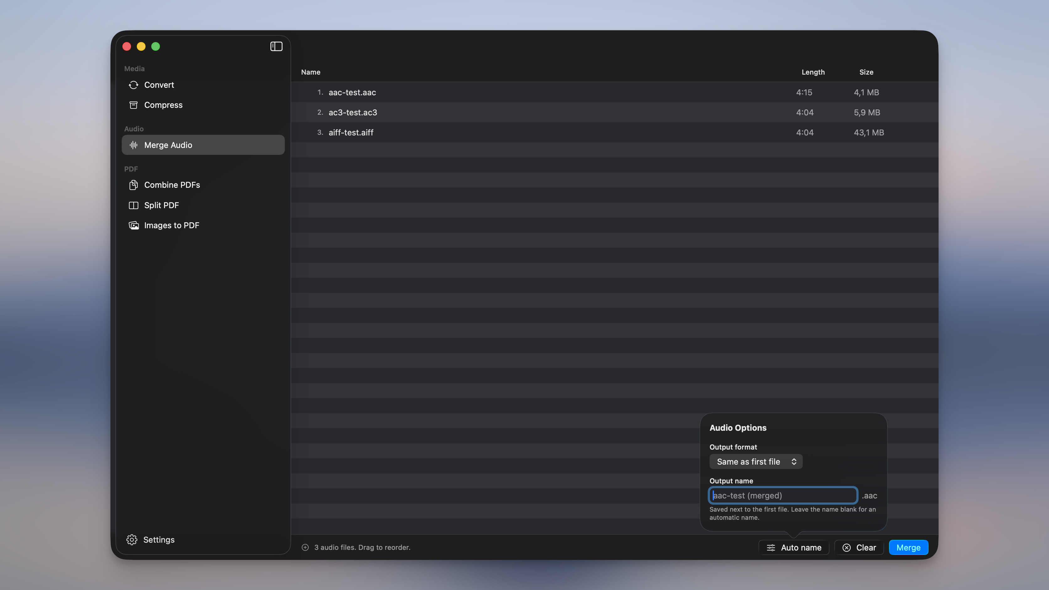 Merge Audio in Picmal: three audio files queued under the new Audio section of the sidebar, with the Audio Options popover set to output format and name