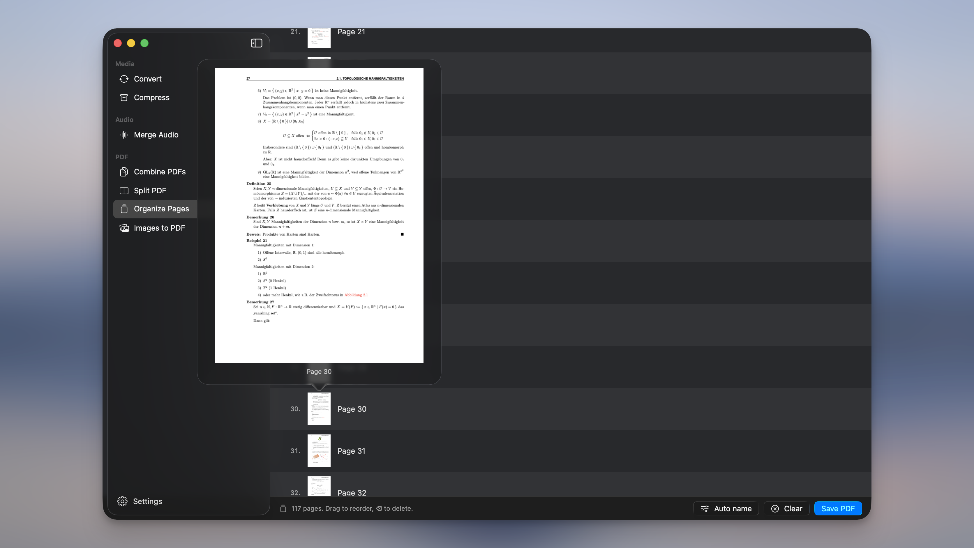 Organize Pages in Picmal: a PDF's pages listed as thumbnails under the new PDF tool, with one page hovered to show a full-size preview