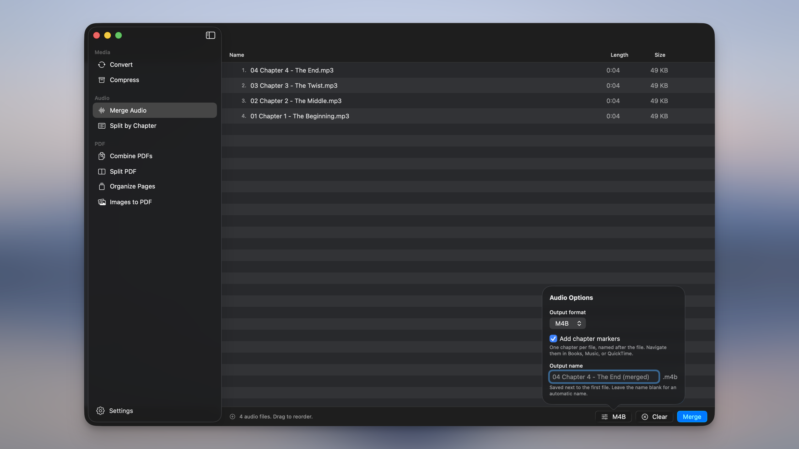 Merge Audio in Picmal building an M4B audiobook: several audio files queued with the Audio Options popover showing M4B output and the Add chapter markers option