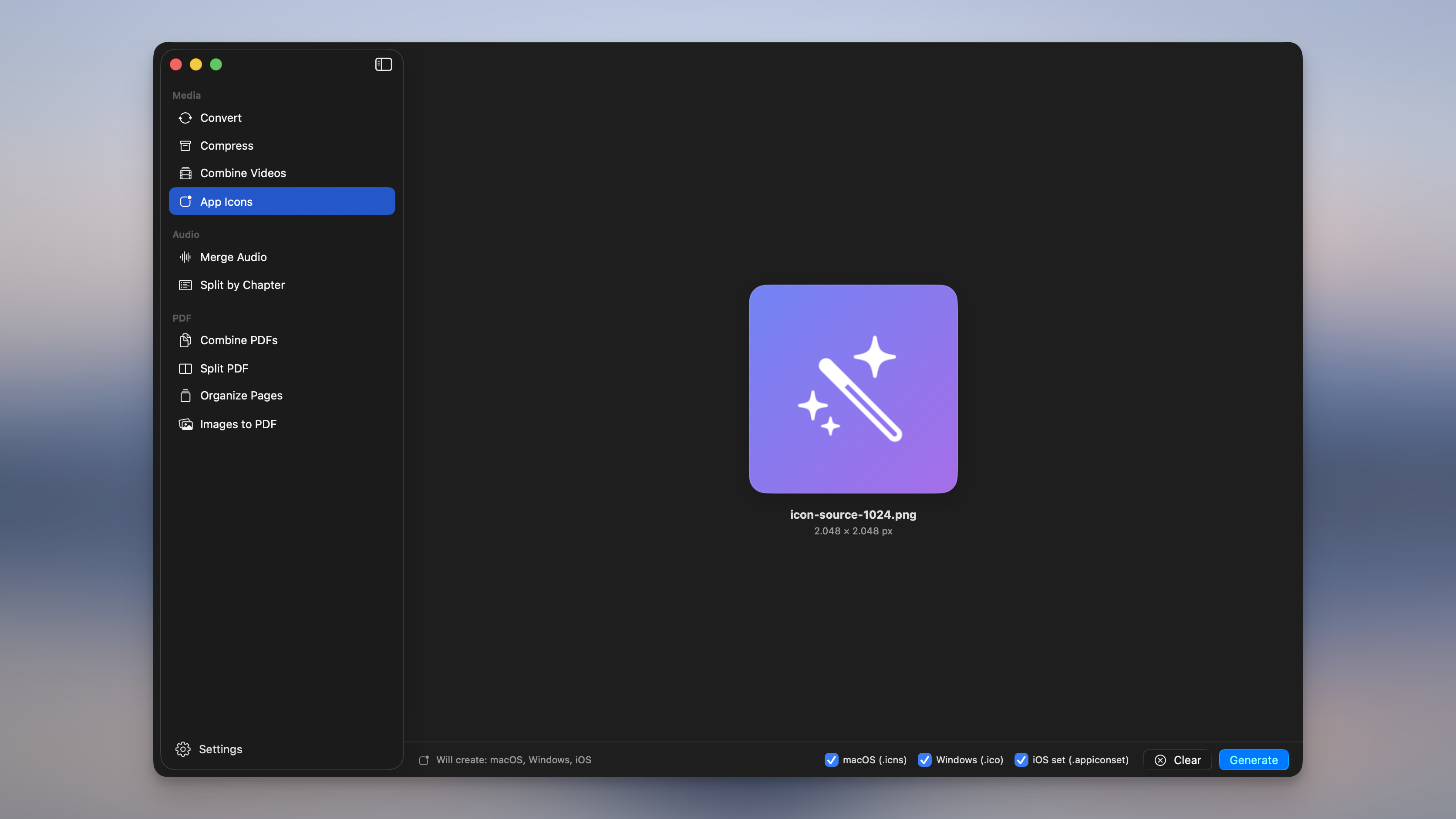 App Icons in Picmal: a 1024px source image loaded under the Media section of the sidebar, with the macOS, Windows, and iOS output formats checked in the bottom bar