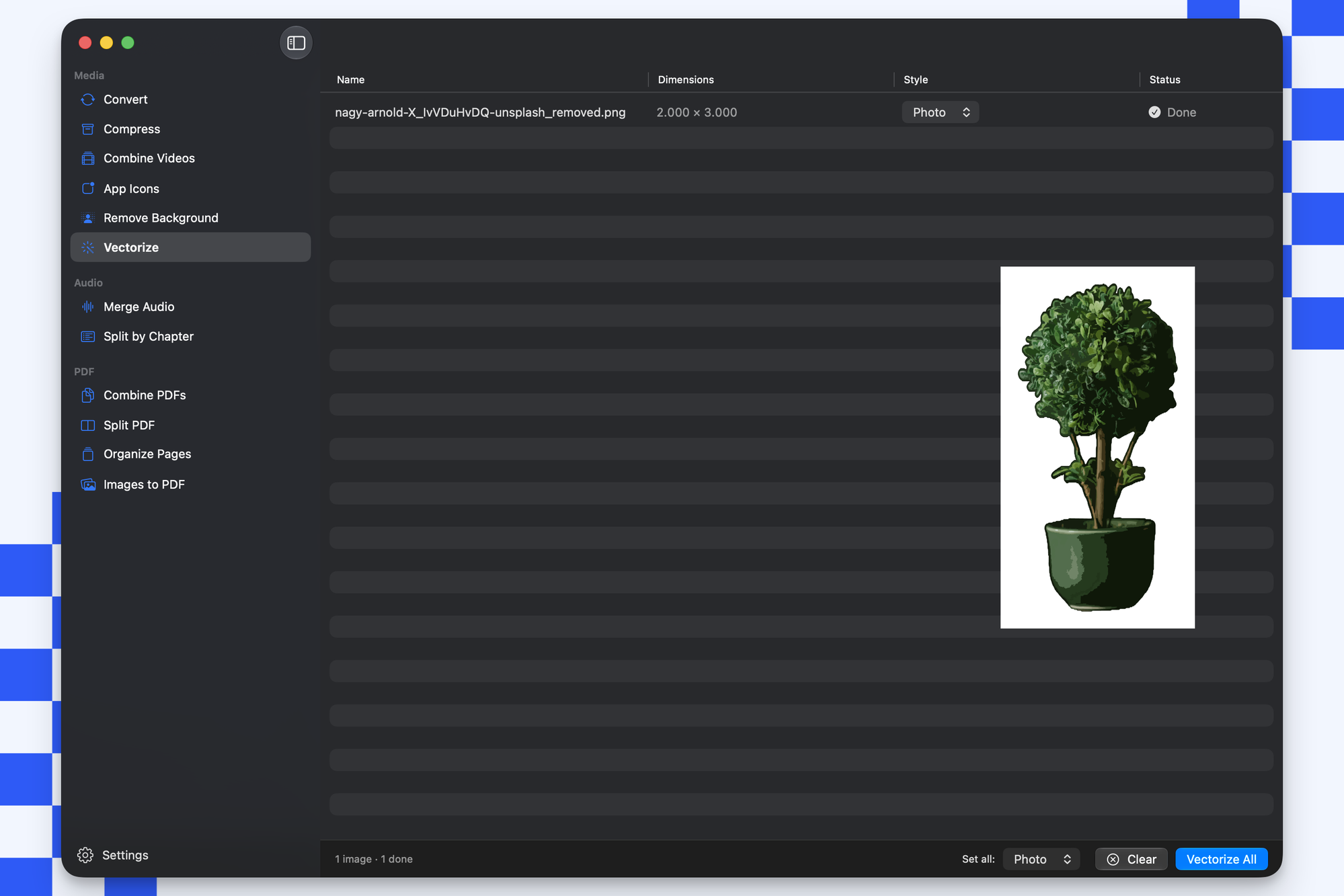 Picmal's Vectorize tool with a potted plant traced into a crisp SVG in Photo style, showing the per-row Style dropdown and the Vectorize All button