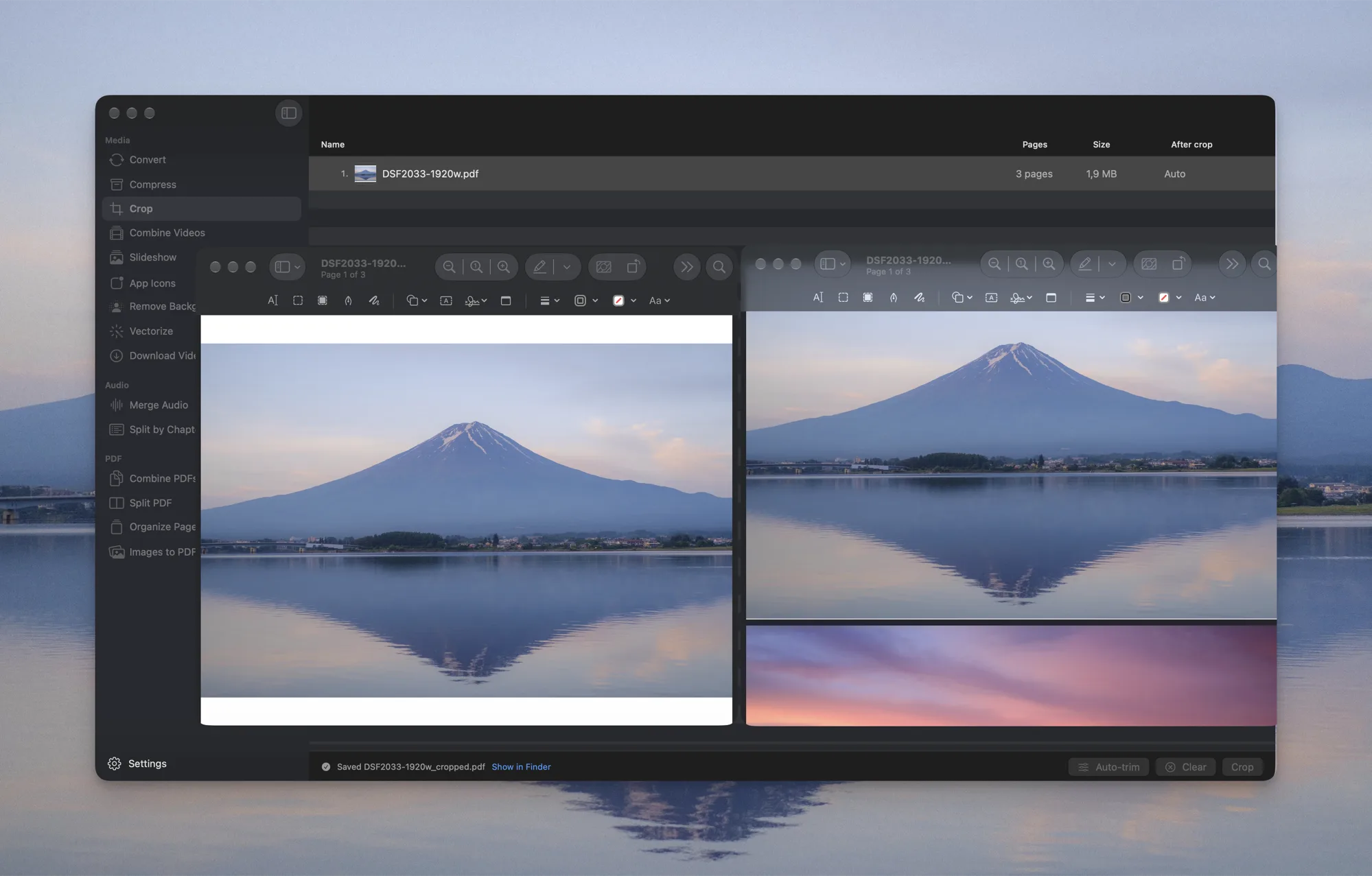 Picmal's new Crop tool with a three-page PDF queued, and two Preview windows side by side comparing the original page against the cropped copy with its white margins gone