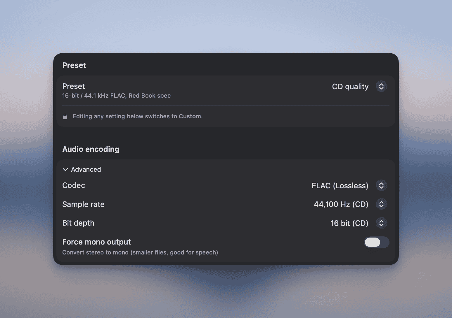 CD quality preset and bit depth setting in Picmal