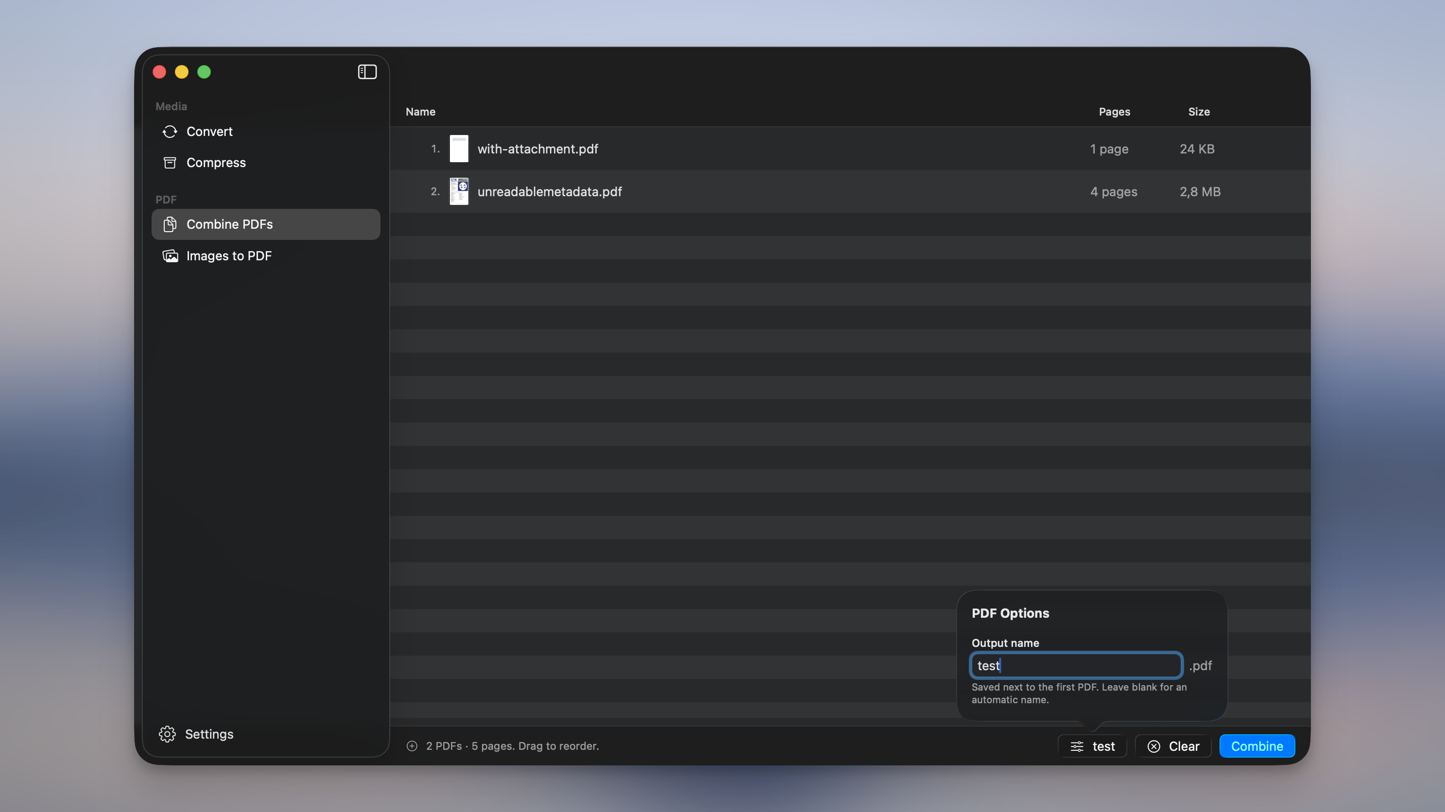 Combine PDFs in Picmal: two PDFs queued under the PDF section of the sidebar, with the PDF Options popover naming the output file