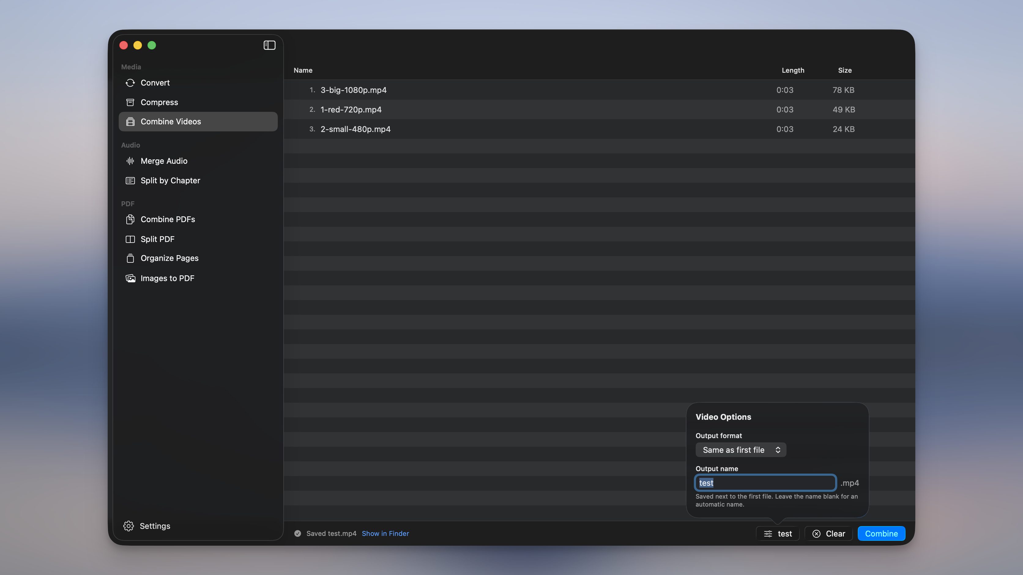 Combine Videos in Picmal: three video clips queued under the Media section of the sidebar, with the Video Options popover showing the output format and name