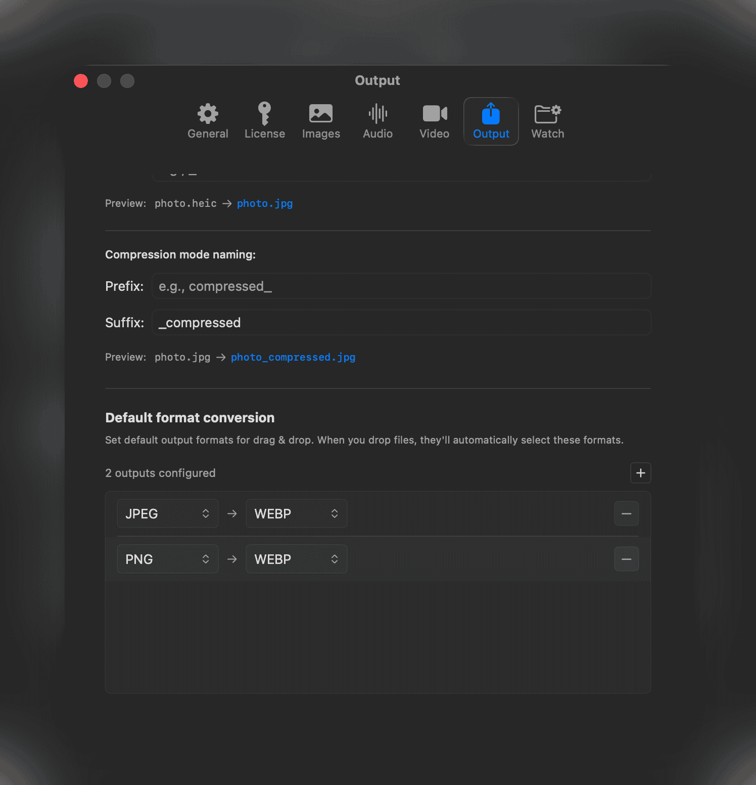 Default format conversion settings
