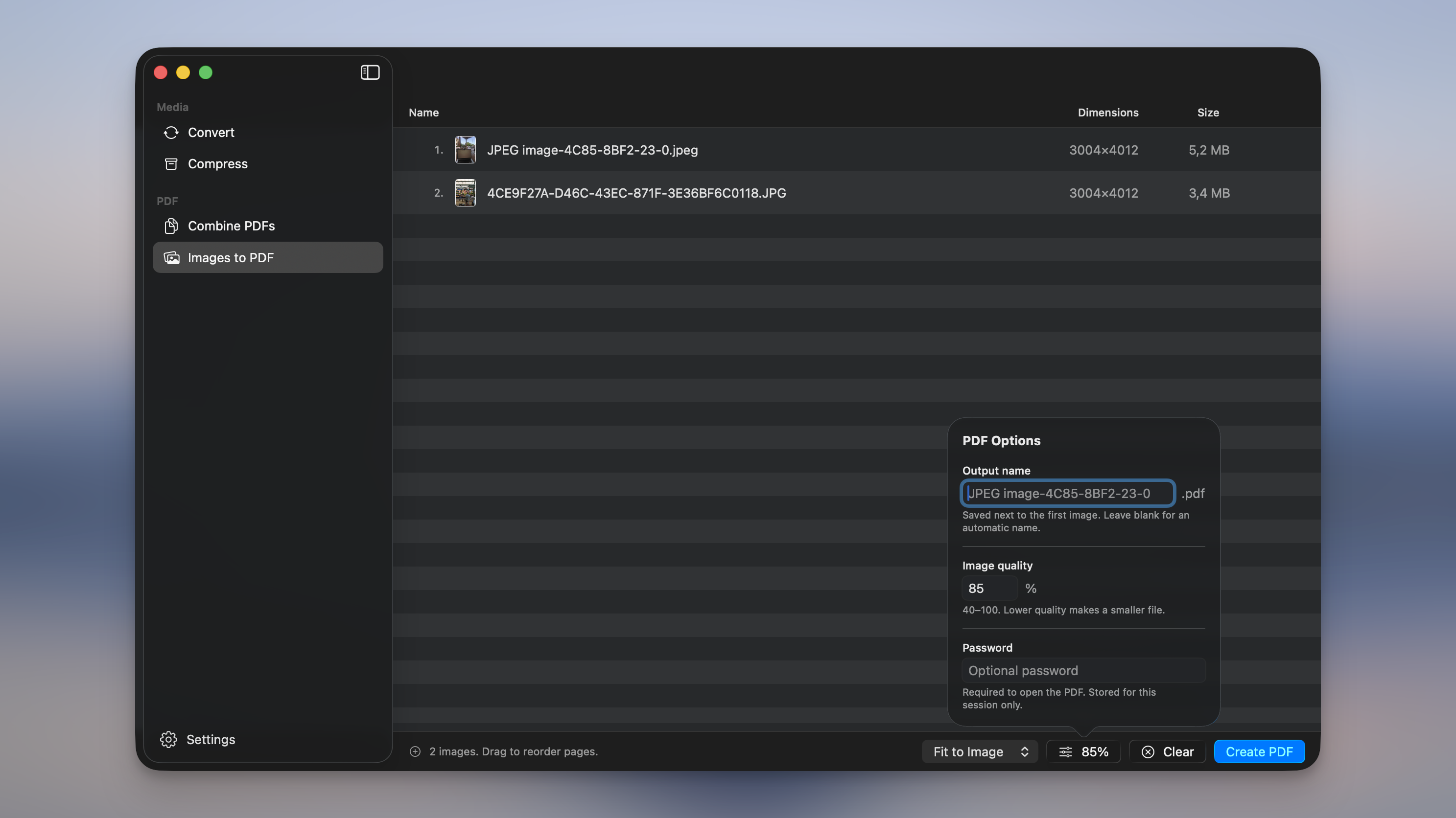 Images to PDF in Picmal: two images queued, with the PDF Options popover showing output name, image quality, and password fields