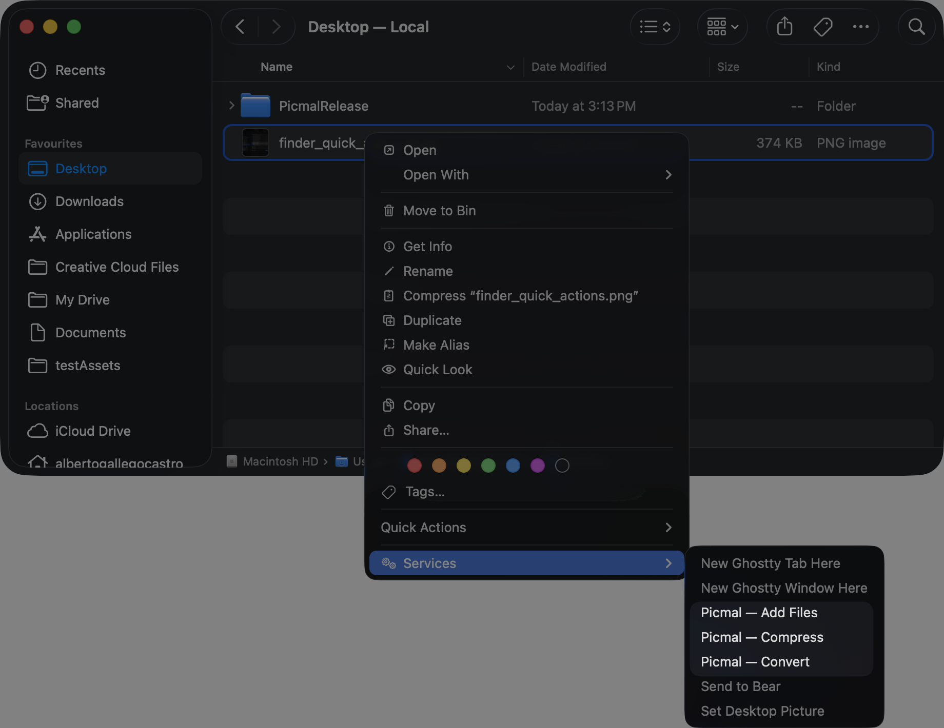 Picmal services in the Finder right-click menu