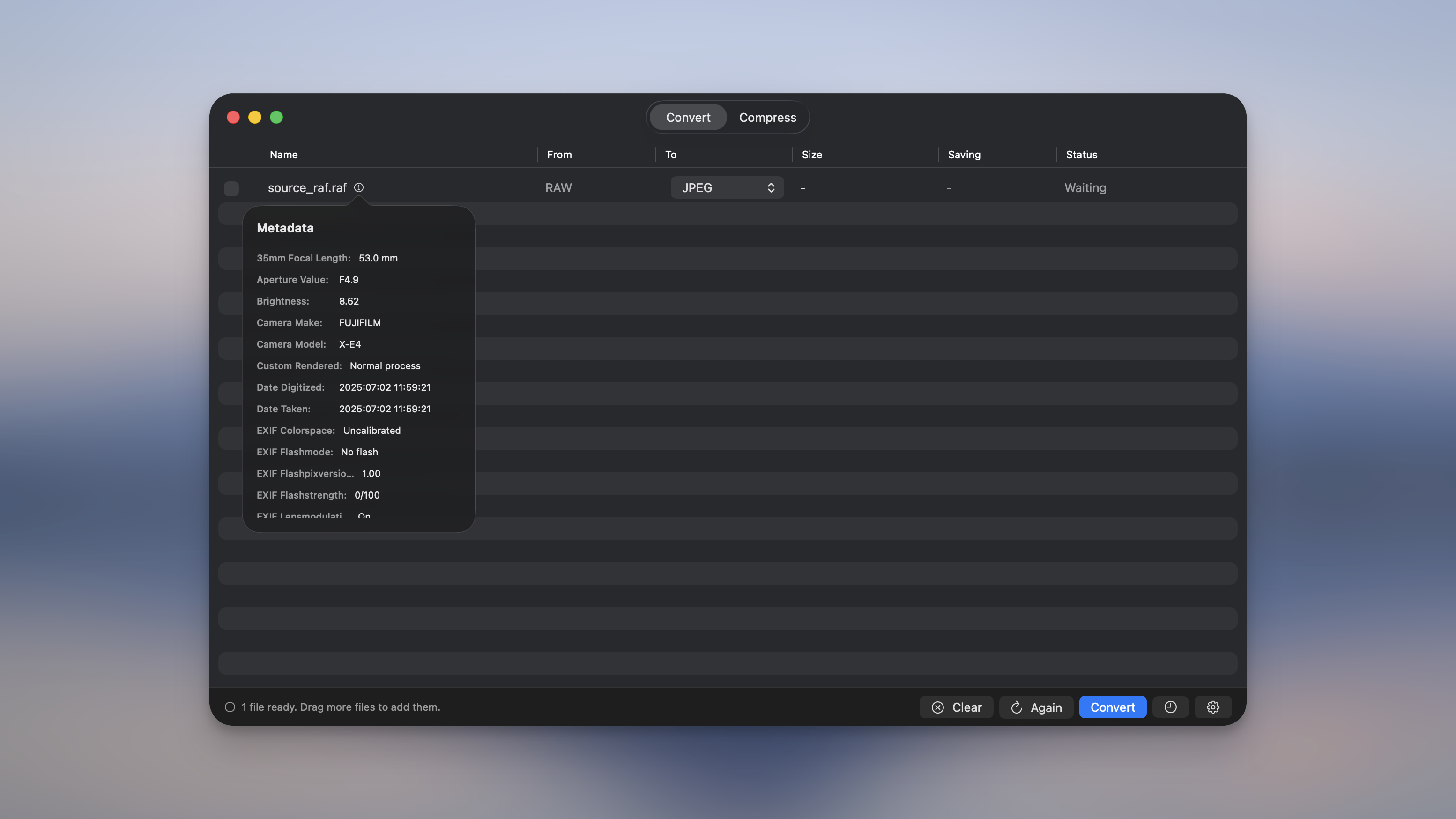 Metadata popover for a RAW file in Picmal showing camera make, model, aperture, and capture date