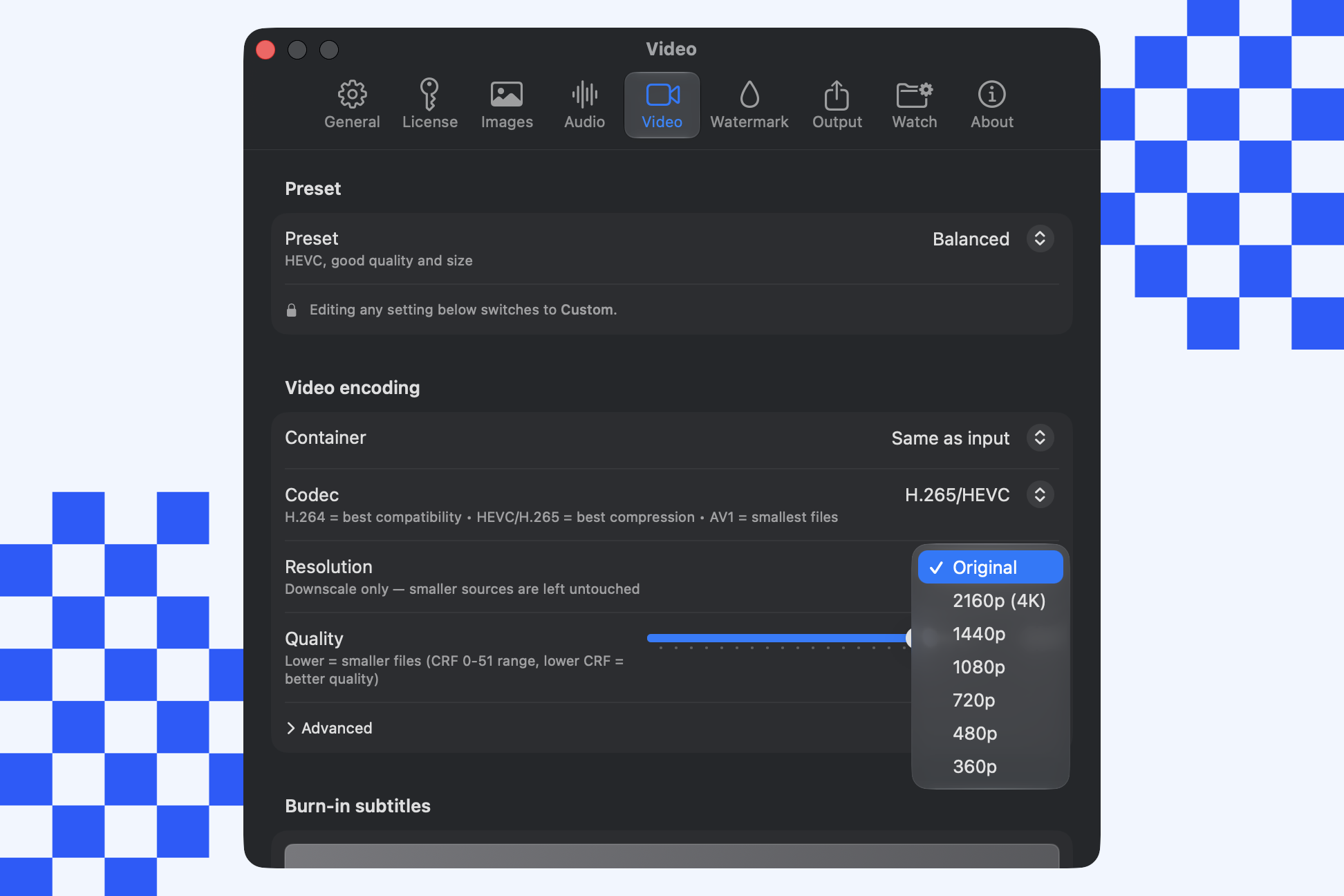 The Resolution dropdown in Picmal's Video settings, open to Original, 2160p (4K), 1440p, 1080p, 720p, 480p, and 360p