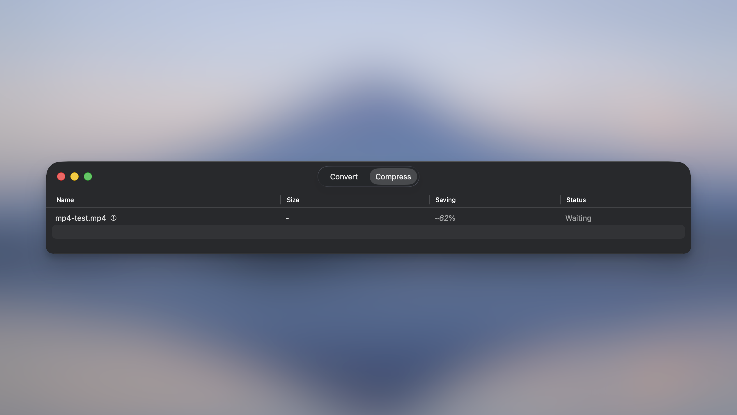 Estimated saving shown in the Saving column before compressing a video in Picmal