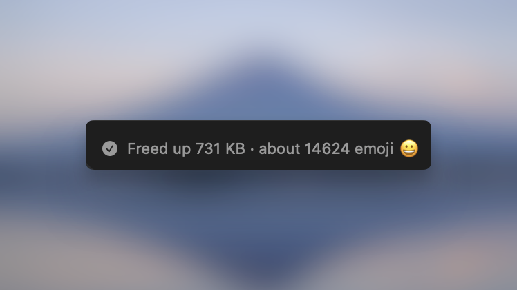 Picmal notification reading "Freed up 731 KB · about 14624 emoji"
