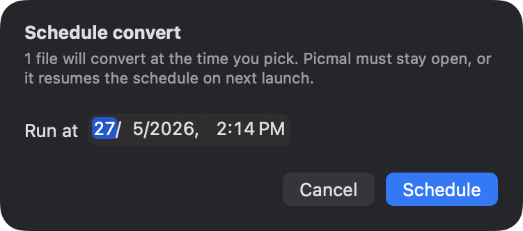 Picmal schedule dialog set to run a job at a chosen time